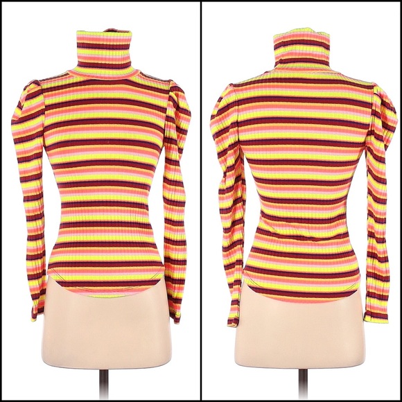 Anthro Maeve Bright Retro Neon Striped Puff Sleeve Turtleneck Top - Picture 8 of 15